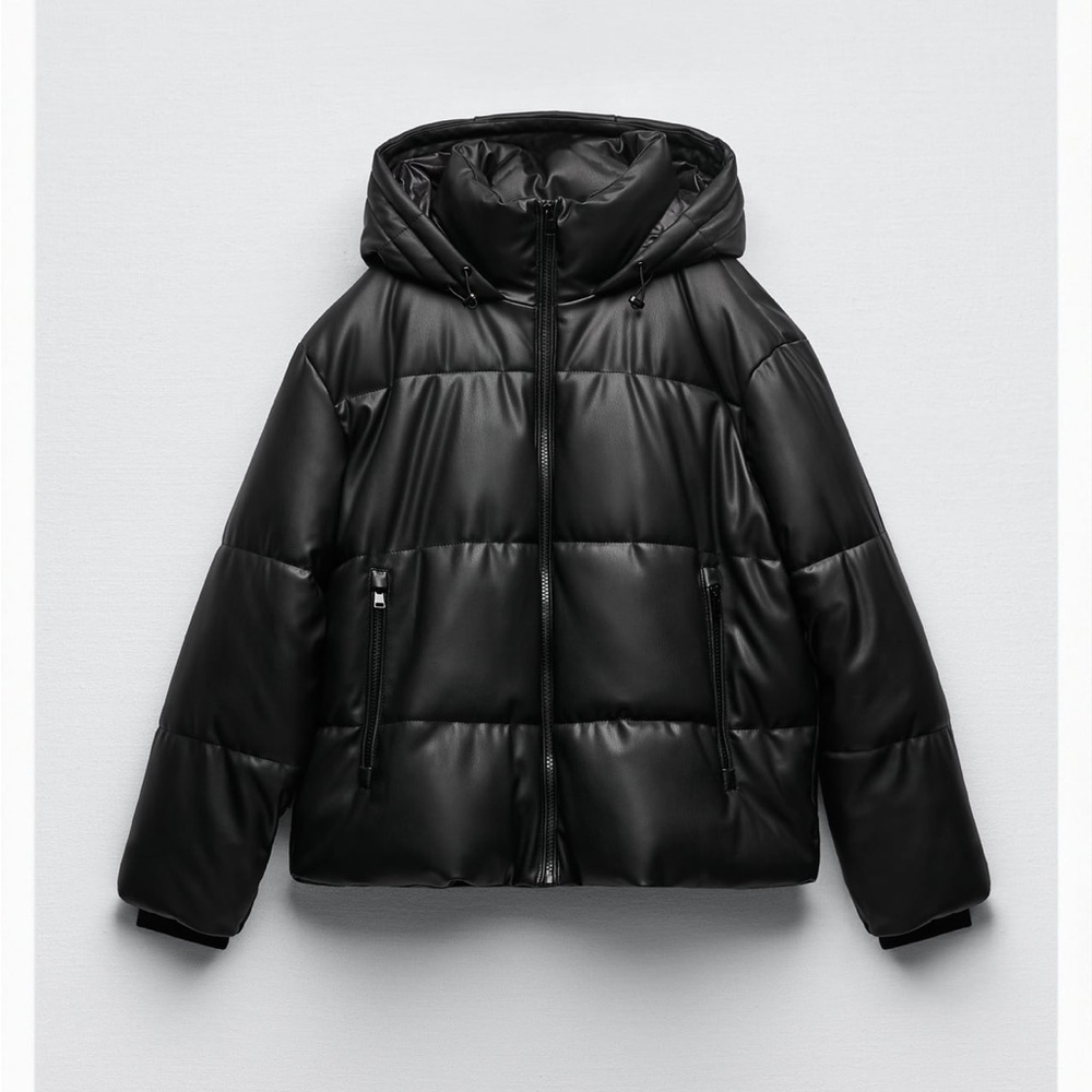 NWT black faux leather hooded bomber/puffer  jacket xsmall never worn. Fits well